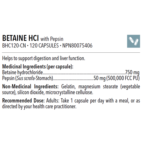 Betaine HCl with pepsin 120 caps